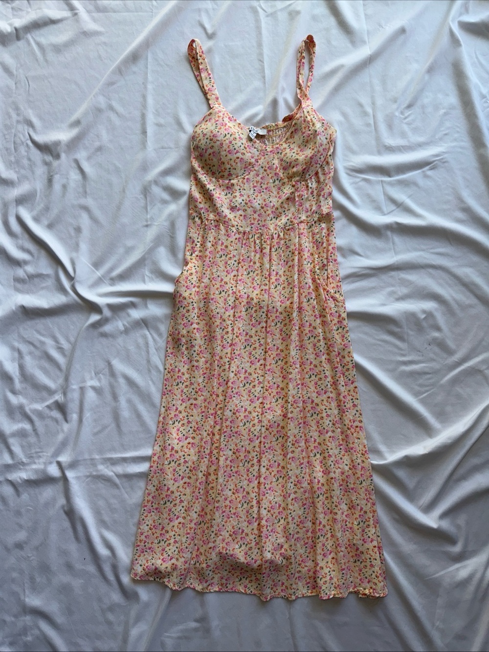 Light Yellow Floral Midi Dress with Spaghetti Straps